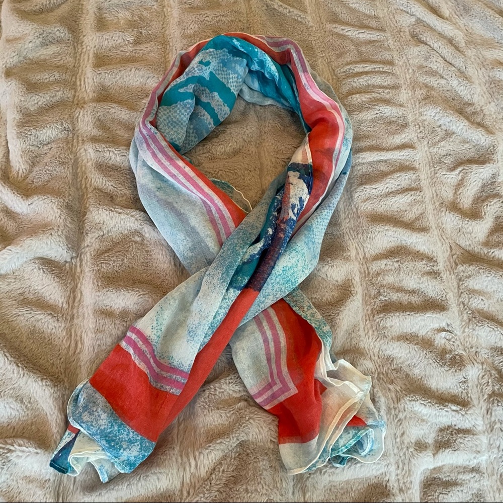 Coral teal and blue and white scarf